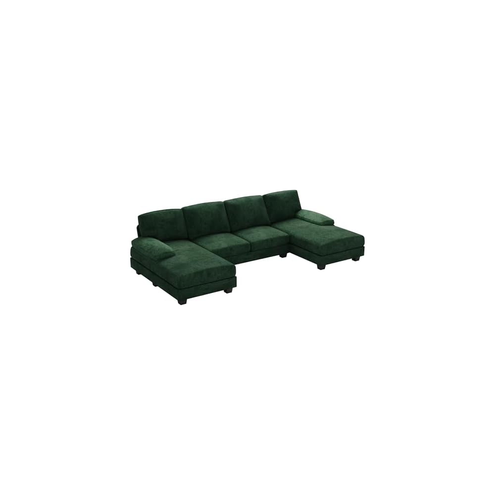Furniwell Convertible Sectional Sofa Couch, 4 Seat Sofa Set for Living Room U-Shaped Modern Fabric Modular Sofa Sleeper with Double Chaise & Memory Foam (Fabric, Dark Green)