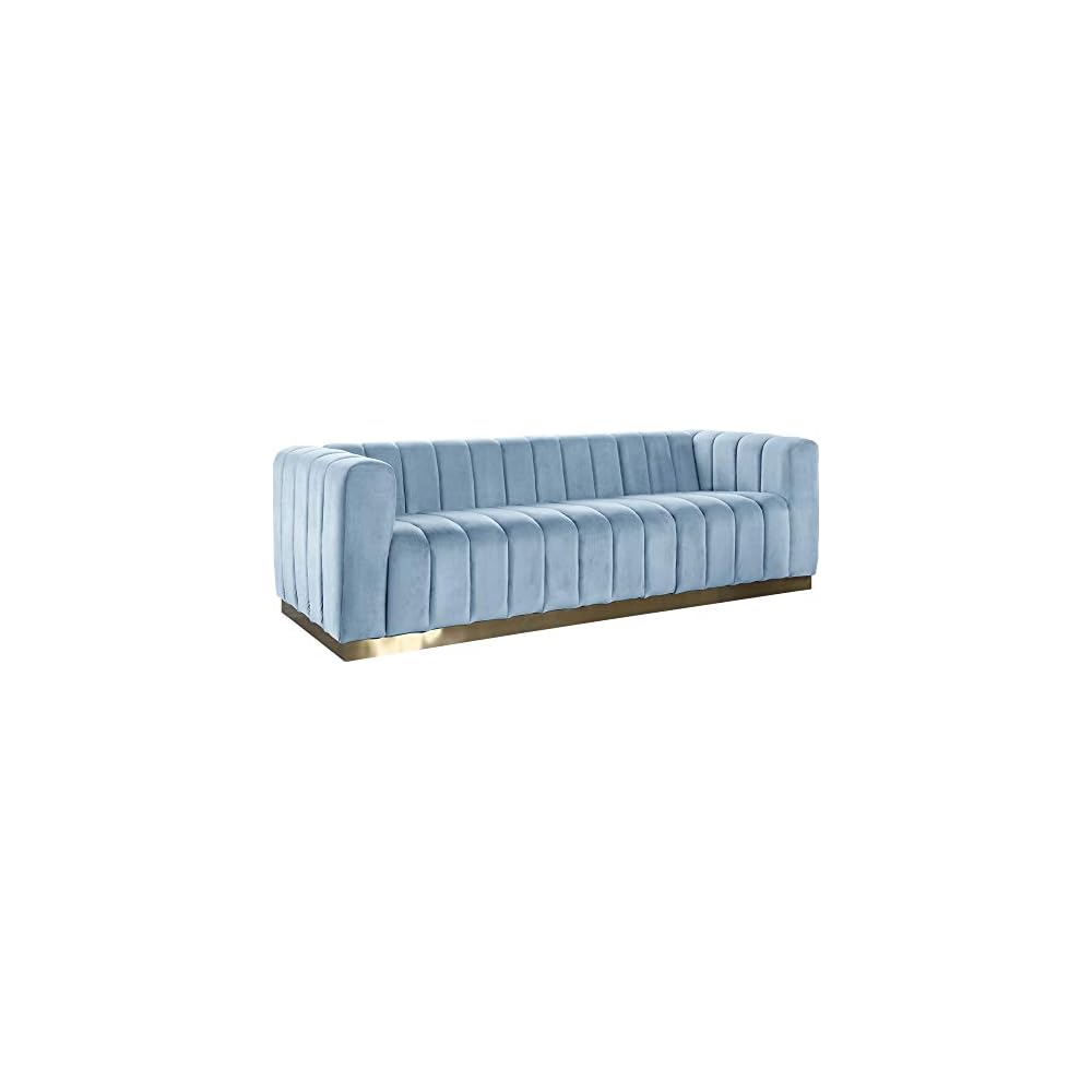 Meridian Furniture 603SkyBlu-S Marlon Collection Modern | Contemporary Velvet Upholstered Sofa with Deep Channlel Tufting and Brushed Gold Finish, Sky Blue, 86.5" W x 34" D x 28" H