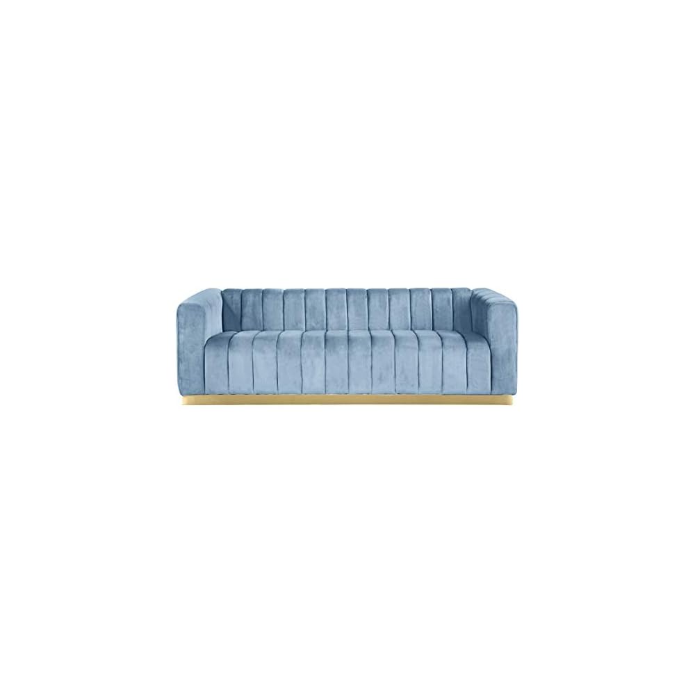 Meridian Furniture 603SkyBlu-S Marlon Collection Modern | Contemporary Velvet Upholstered Sofa with Deep Channlel Tufting and Brushed Gold Finish, Sky Blue, 86.5" W x 34" D x 28" H