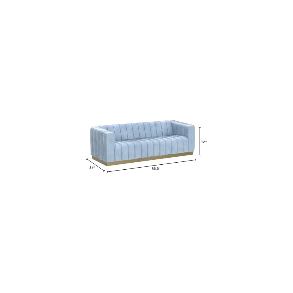 Meridian Furniture 603SkyBlu-S Marlon Collection Modern | Contemporary Velvet Upholstered Sofa with Deep Channlel Tufting and Brushed Gold Finish, Sky Blue, 86.5" W x 34" D x 28" H