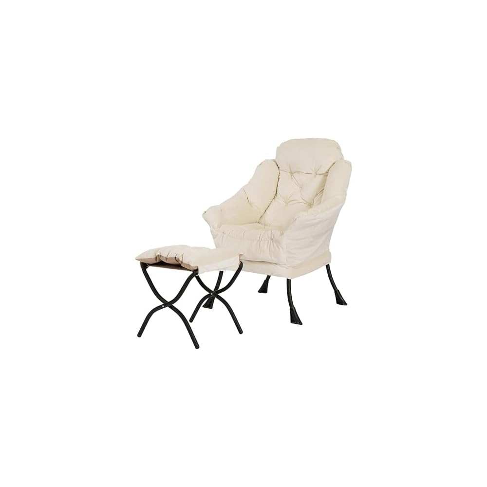 Kokel Lazy Chair with Folding Ottoman,Living Room Chairs, Accent Contemporary Lounge Chair, Single Steel Frame Leisure Sofa Chair with Armrests and A Side Pocket (White)