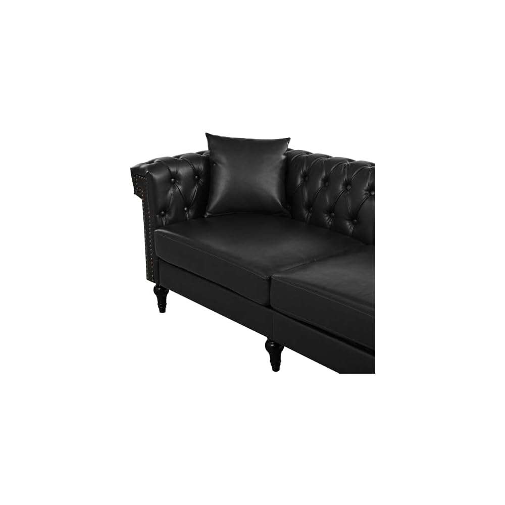 KEIKI 99" L-Shaped Luxury PU Leather Chesterfield Sectional Sofa with Rolled Arms and Nailhead, Mid-Century Style Oversized 5-Seater Button Tufted Couch, Easy Assembly, for Living Room, Black