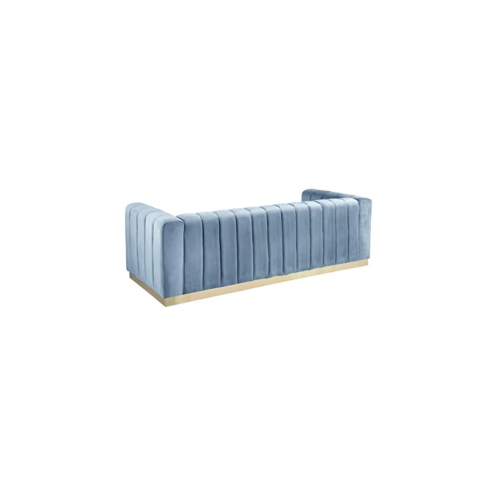 Meridian Furniture 603SkyBlu-S Marlon Collection Modern | Contemporary Velvet Upholstered Sofa with Deep Channlel Tufting and Brushed Gold Finish, Sky Blue, 86.5" W x 34" D x 28" H