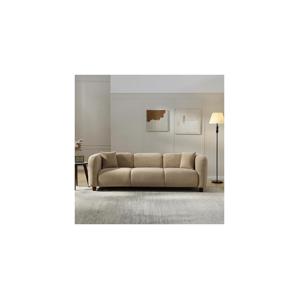 Christopher Knight Home Ahrai 3-Seater Sofa Couch with 2 Pillows, 87" Wide Oversized Sofa for Living Room, Modern Wood Frame Lounge Couch, Comfy Spacious Fabric Upholstered Home Seating, Camel