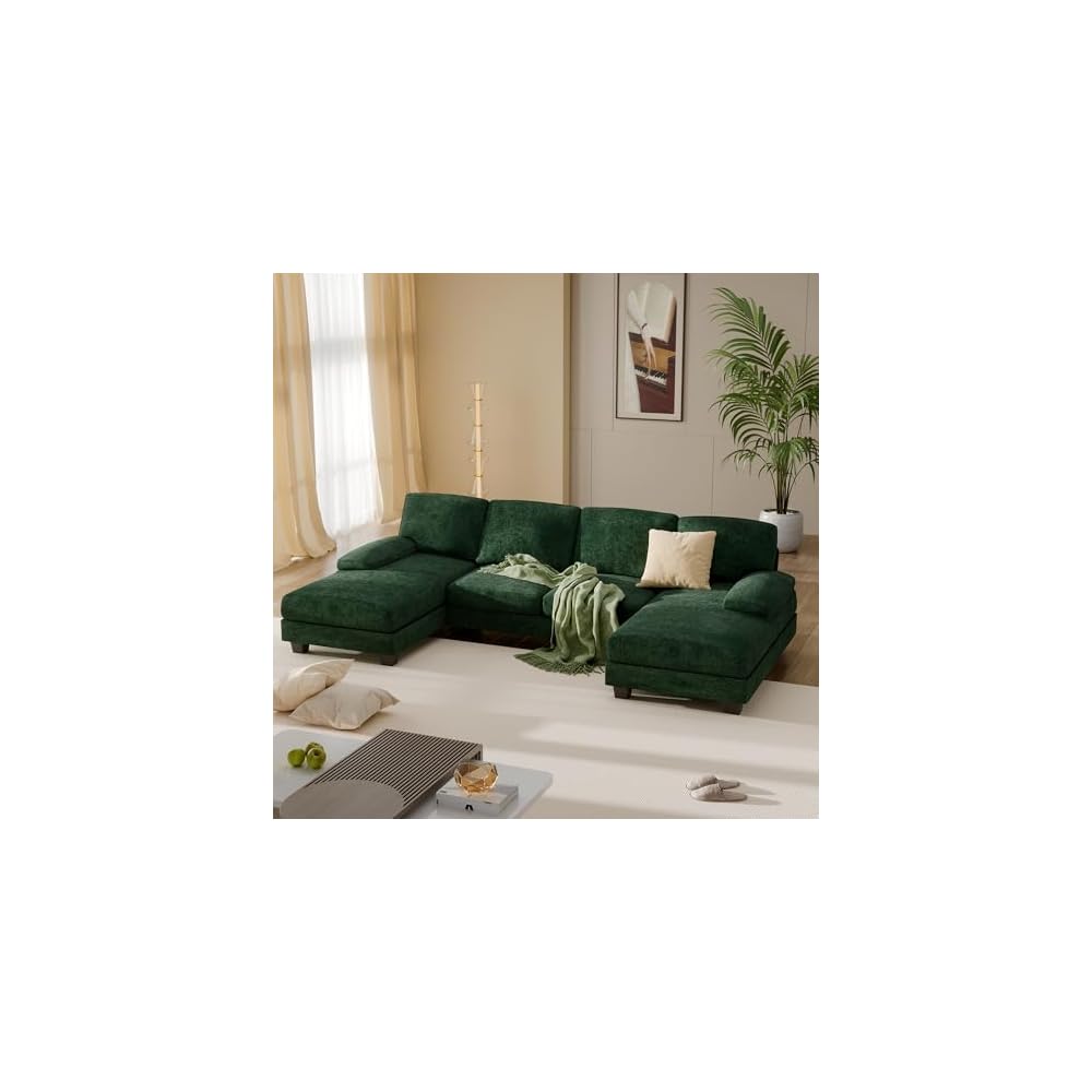 Furniwell Convertible Sectional Sofa Couch, 4 Seat Sofa Set for Living Room U-Shaped Modern Fabric Modular Sofa Sleeper with Double Chaise & Memory Foam (Fabric, Dark Green)