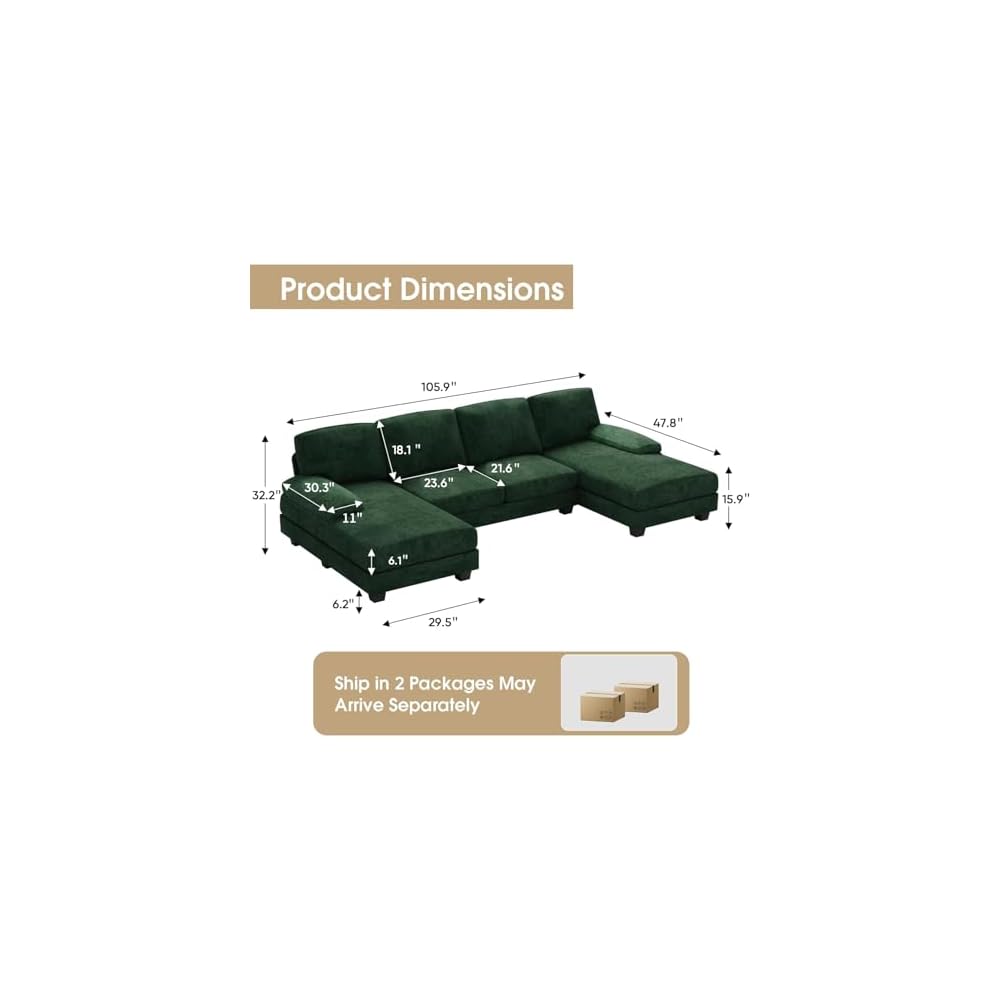 Furniwell Convertible Sectional Sofa Couch, 4 Seat Sofa Set for Living Room U-Shaped Modern Fabric Modular Sofa Sleeper with Double Chaise & Memory Foam (Fabric, Dark Green)