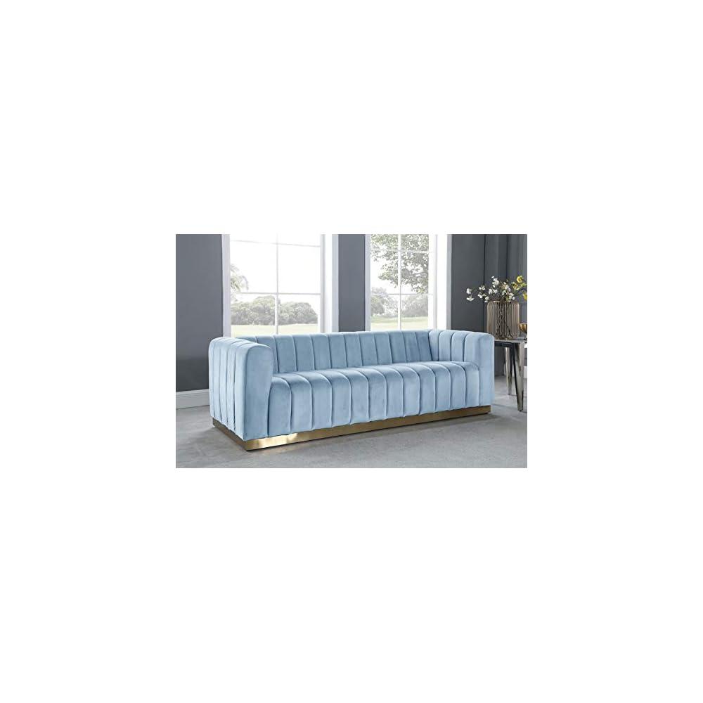 Meridian Furniture 603SkyBlu-S Marlon Collection Modern | Contemporary Velvet Upholstered Sofa with Deep Channlel Tufting and Brushed Gold Finish, Sky Blue, 86.5" W x 34" D x 28" H