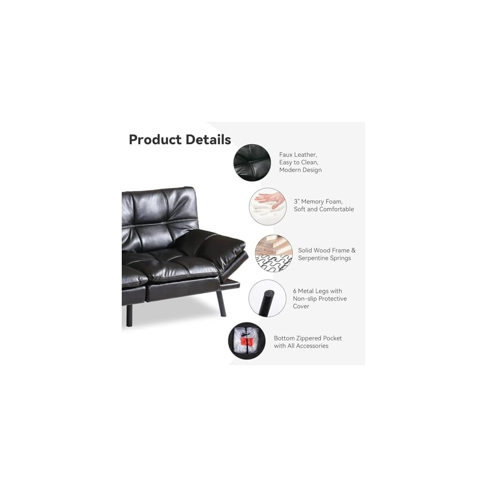 Hcore Memory Foam Futon Couch,Loveseat Bed,Small Splitback Modern Sofa Sofabed, Black