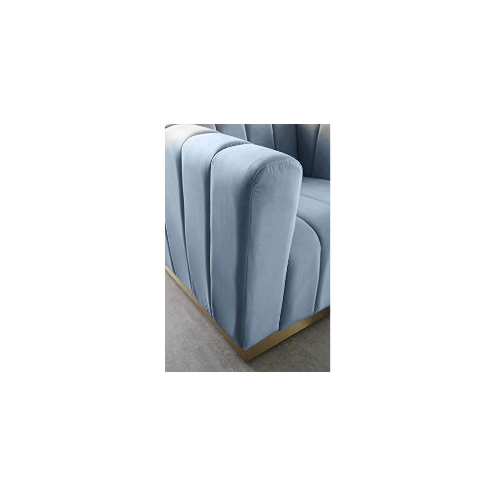 Meridian Furniture 603SkyBlu-S Marlon Collection Modern | Contemporary Velvet Upholstered Sofa with Deep Channlel Tufting and Brushed Gold Finish, Sky Blue, 86.5" W x 34" D x 28" H