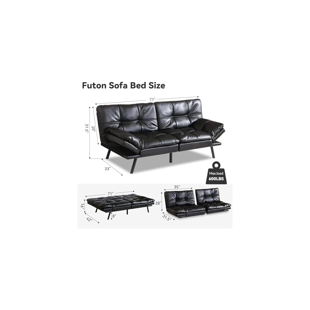 Hcore Memory Foam Futon Couch,Loveseat Bed,Small Splitback Modern Sofa Sofabed, Black