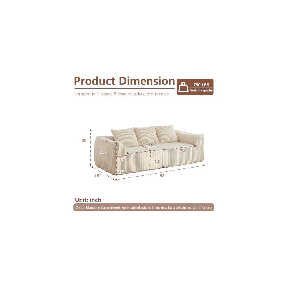 92" Minimalist Boneless 3-Seater Corduroy Sofa with 3 Horn-Shaped Throw Pillow, Featuring Curved Lines and a Gently Sloped Backrest，Beige：92" 3-Seater Sofa