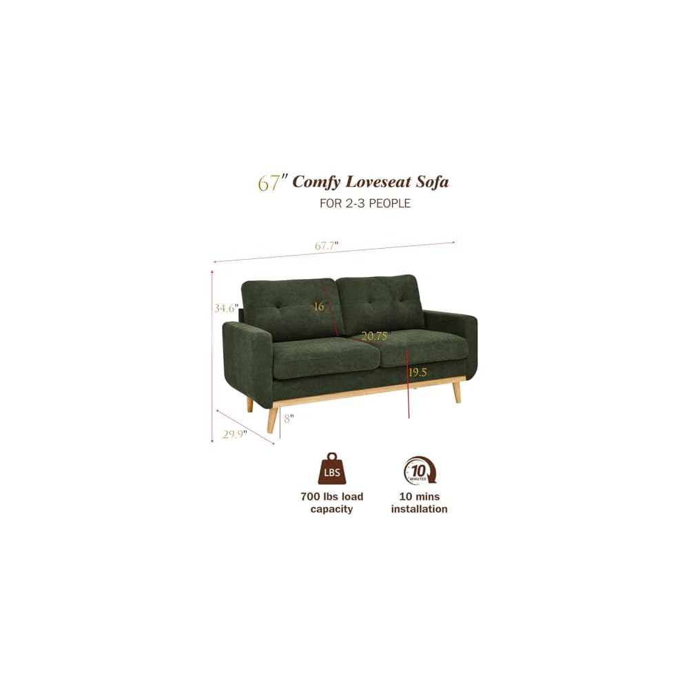 Dark Green 56" Loveseat Sofa, Couches for Small Spaces, Mid Century Love Seat Couches for Living Room, Upholstered 2-Seater Small Couch for Bedroom, Apartment, Easy Assembly (Dark Green)