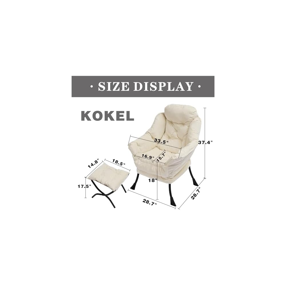Kokel Lazy Chair with Folding Ottoman,Living Room Chairs, Accent Contemporary Lounge Chair, Single Steel Frame Leisure Sofa Chair with Armrests and A Side Pocket (White)