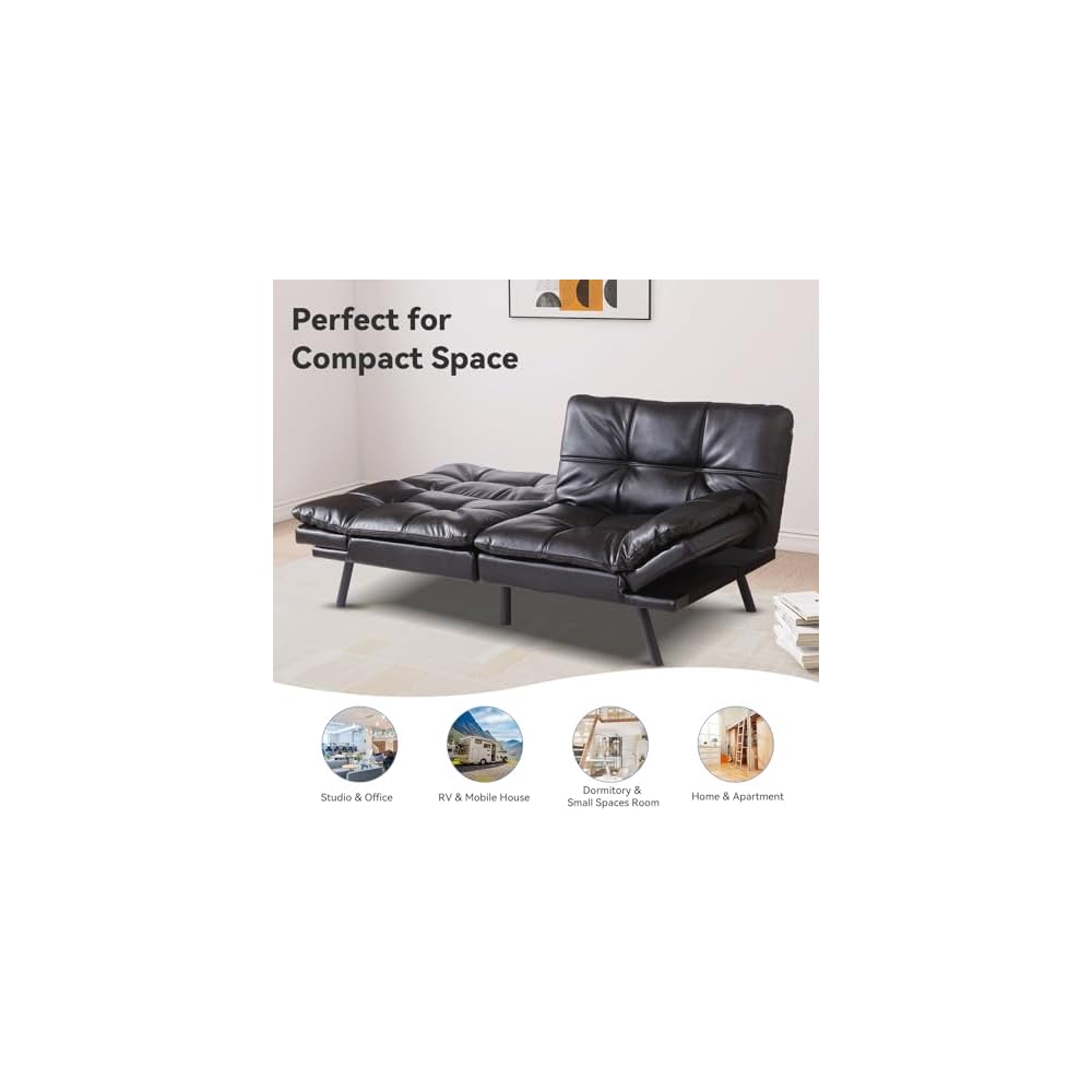 Hcore Memory Foam Futon Couch,Loveseat Bed,Small Splitback Modern Sofa Sofabed, Black