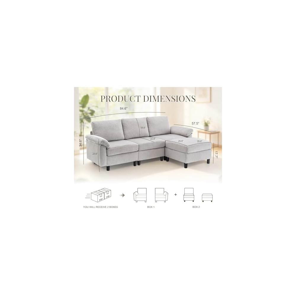 84.6" Modular Sectional Couch with Storage, 3 Seater Comfy Corduroy L Shaped Cloud Couch, Sectional Sofa with Movable Ottoman, Modern Sectional Couch for Living Room, Lightgrey