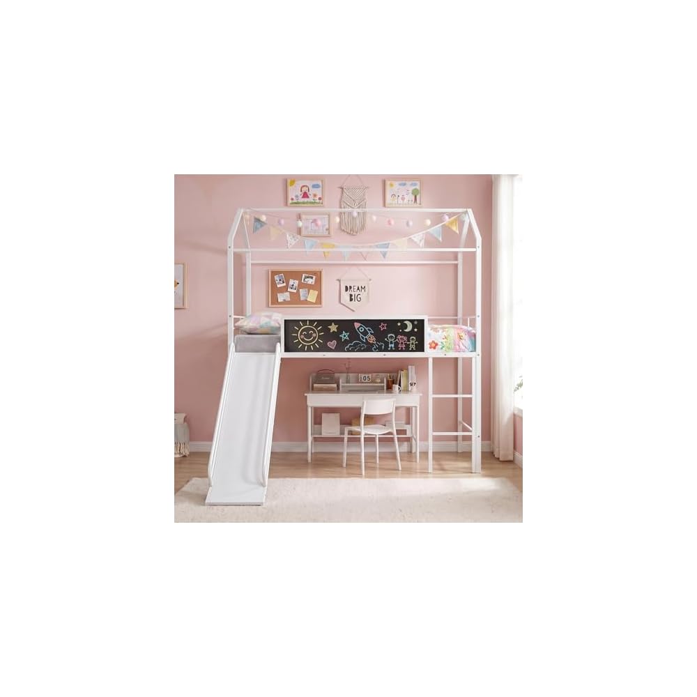GIANTEX Twin Size House Loft Bed, Low Loft Bedframe w/Roof, Slide, Ladder, Chalkboard & Sturdy Metal Slats for Bedroom Dorm, Kids House Bed for Boys Girls, No Box Spring Needed (White)