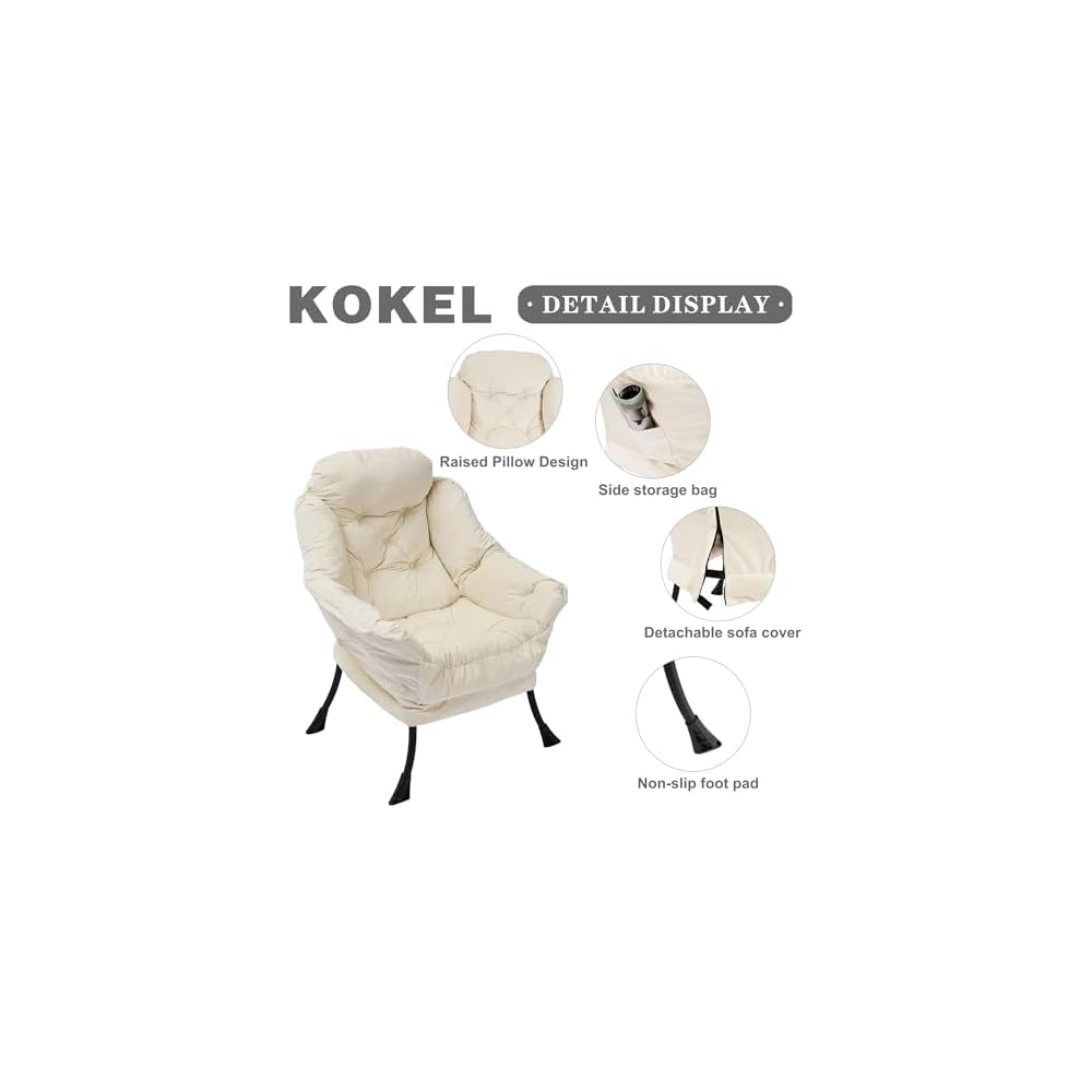 Kokel Lazy Chair with Folding Ottoman,Living Room Chairs, Accent Contemporary Lounge Chair, Single Steel Frame Leisure Sofa Chair with Armrests and A Side Pocket (White)