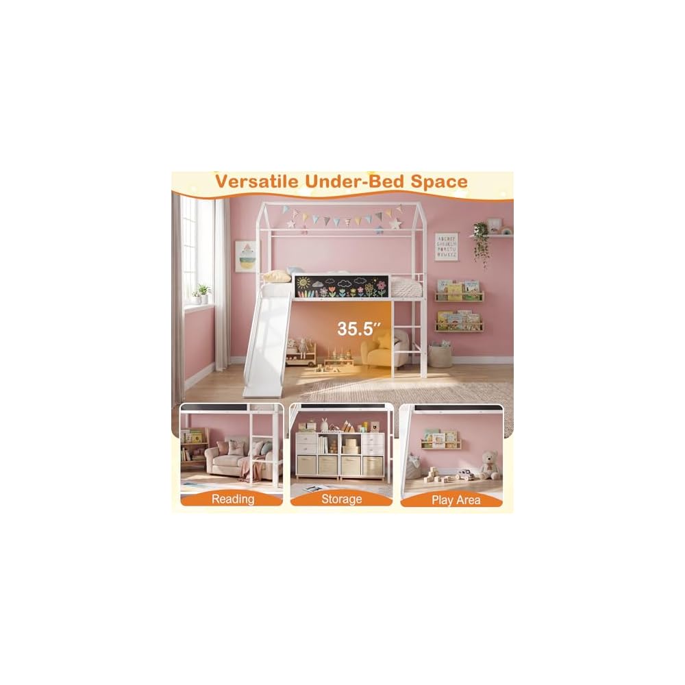 GIANTEX Twin Size House Loft Bed, Low Loft Bedframe w/Roof, Slide, Ladder, Chalkboard & Sturdy Metal Slats for Bedroom Dorm, Kids House Bed for Boys Girls, No Box Spring Needed (White)
