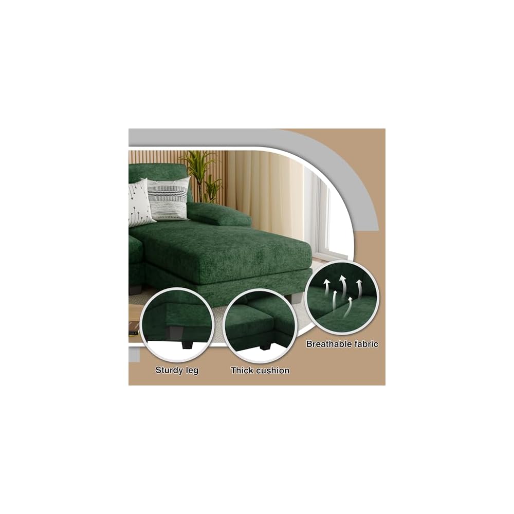 Furniwell Convertible Sectional Sofa Couch, 4 Seat Sofa Set for Living Room U-Shaped Modern Fabric Modular Sofa Sleeper with Double Chaise & Memory Foam (Fabric, Dark Green)