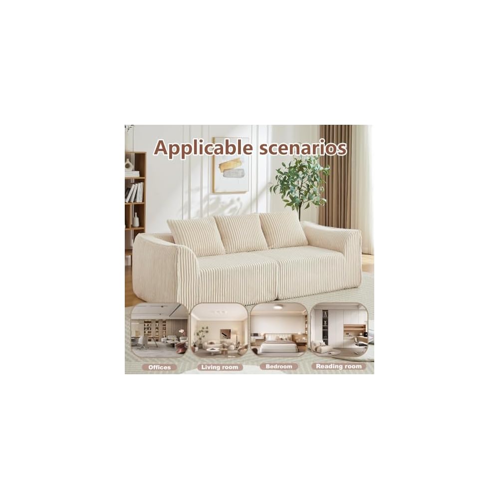 92" Minimalist Boneless 3-Seater Corduroy Sofa with 3 Horn-Shaped Throw Pillow, Featuring Curved Lines and a Gently Sloped Backrest，Beige：92" 3-Seater Sofa