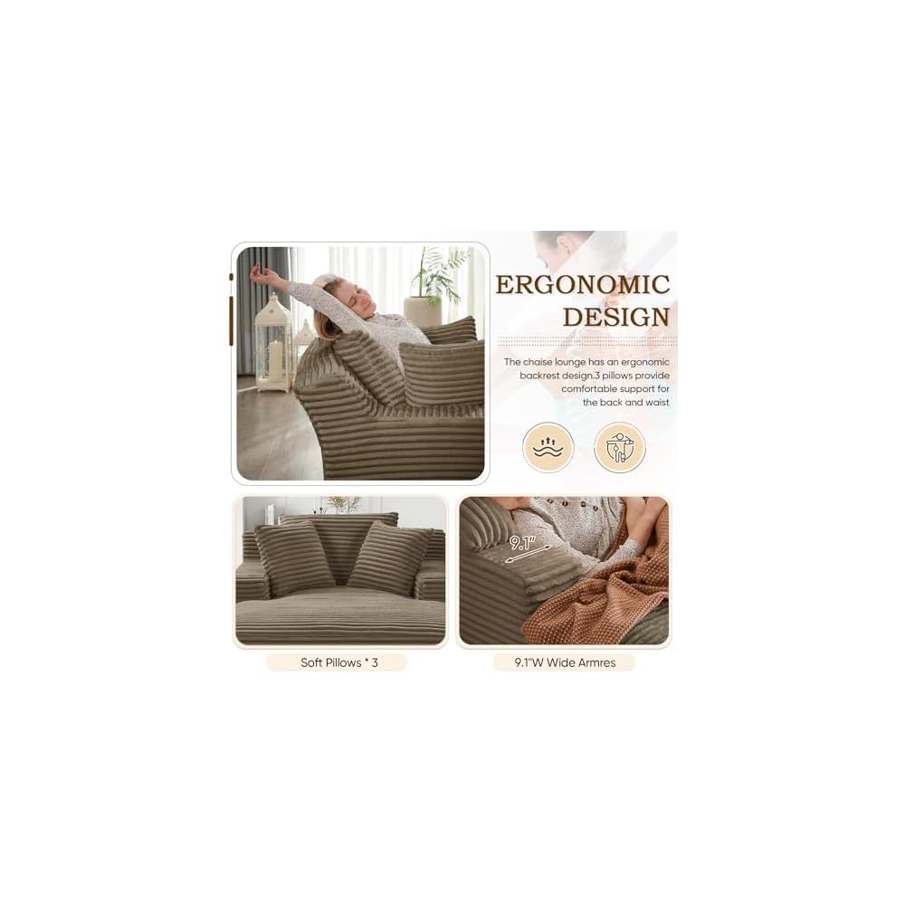 Oversized Chaise Lounge Chair Indoor,50" W Upholstered Corduroy Sofa with 3 Pillows,Comfy Fluffy Cloud Couch,Modern Deep Seat Sofa,Single Sleeper Sofa Chair for Livingroom,Bedroom,No Assembly(Brown)