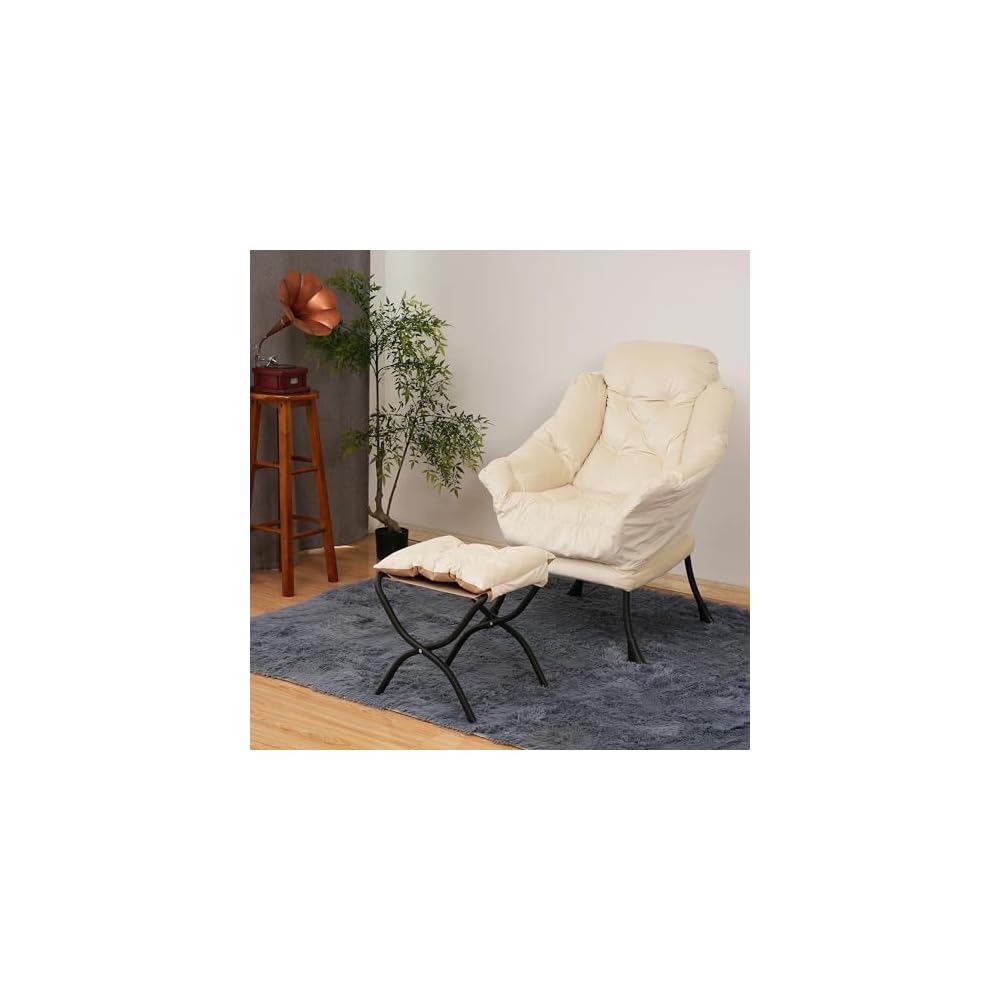 Kokel Lazy Chair with Folding Ottoman,Living Room Chairs, Accent Contemporary Lounge Chair, Single Steel Frame Leisure Sofa Chair with Armrests and A Side Pocket (White)