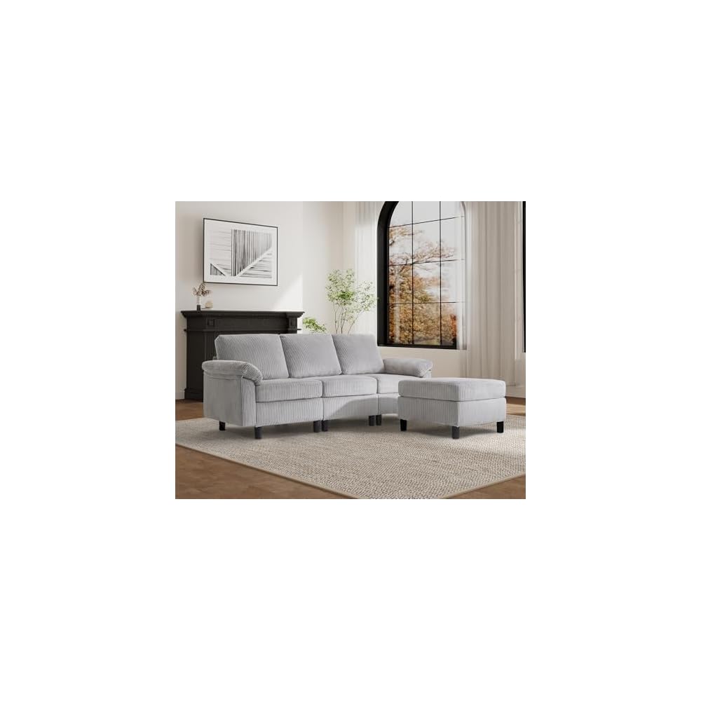 84.6" Modular Sectional Couch with Storage, 3 Seater Comfy Corduroy L Shaped Cloud Couch, Sectional Sofa with Movable Ottoman, Modern Sectional Couch for Living Room, Lightgrey