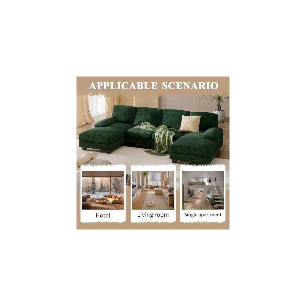Furniwell Convertible Sectional Sofa Couch, 4 Seat Sofa Set for Living Room U-Shaped Modern Fabric Modular Sofa Sleeper with Double Chaise & Memory Foam (Fabric, Dark Green)