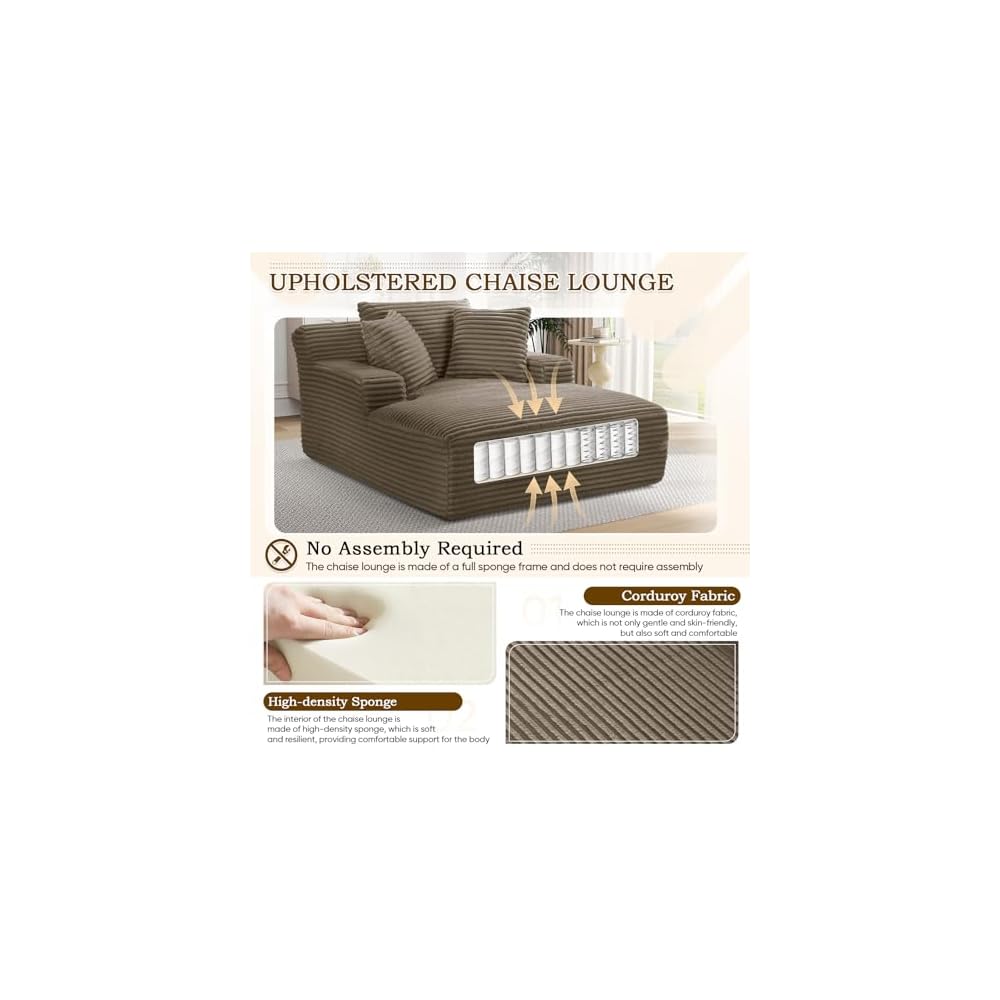 Oversized Chaise Lounge Chair Indoor,50" W Upholstered Corduroy Sofa with 3 Pillows,Comfy Fluffy Cloud Couch,Modern Deep Seat Sofa,Single Sleeper Sofa Chair for Livingroom,Bedroom,No Assembly(Brown)