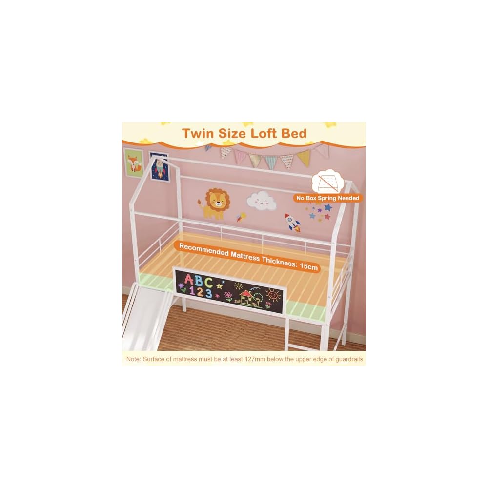 GIANTEX Twin Size House Loft Bed, Low Loft Bedframe w/Roof, Slide, Ladder, Chalkboard & Sturdy Metal Slats for Bedroom Dorm, Kids House Bed for Boys Girls, No Box Spring Needed (White)