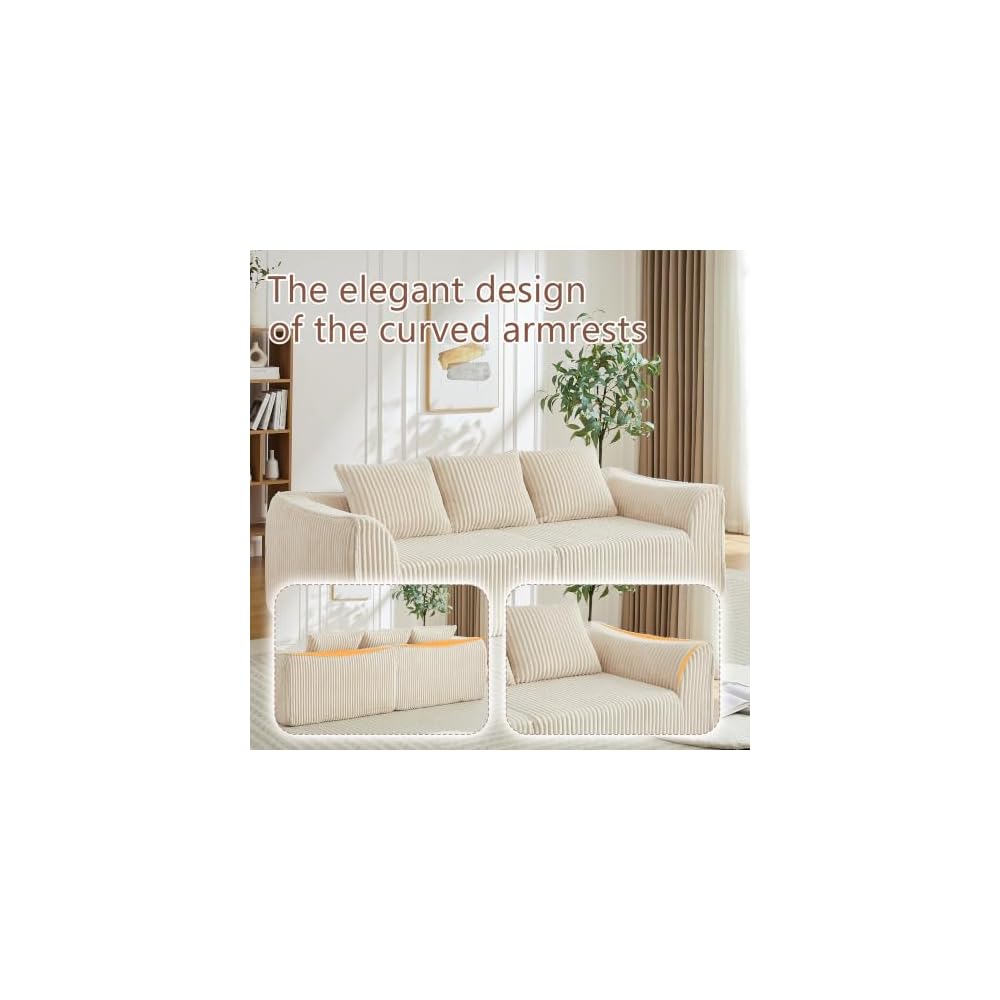 92" Minimalist Boneless 3-Seater Corduroy Sofa with 3 Horn-Shaped Throw Pillow, Featuring Curved Lines and a Gently Sloped Backrest，Beige：92" 3-Seater Sofa