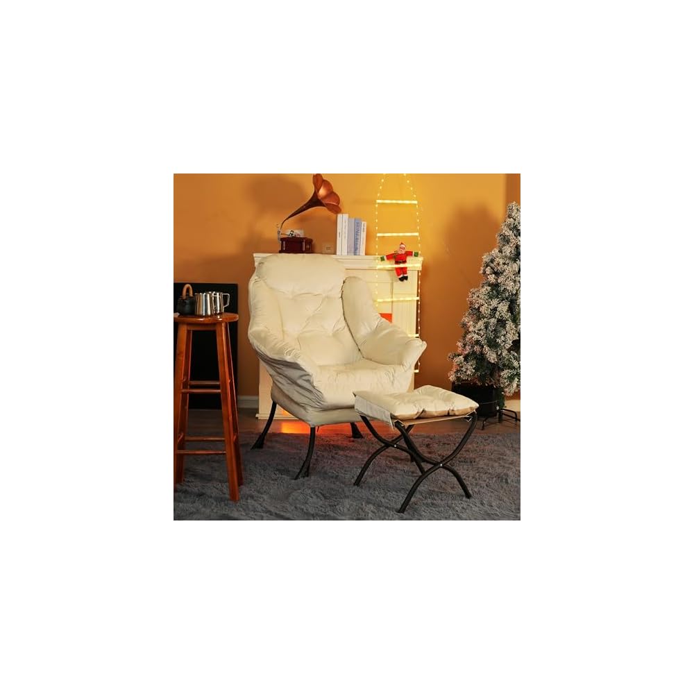 Kokel Lazy Chair with Folding Ottoman,Living Room Chairs, Accent Contemporary Lounge Chair, Single Steel Frame Leisure Sofa Chair with Armrests and A Side Pocket (White)