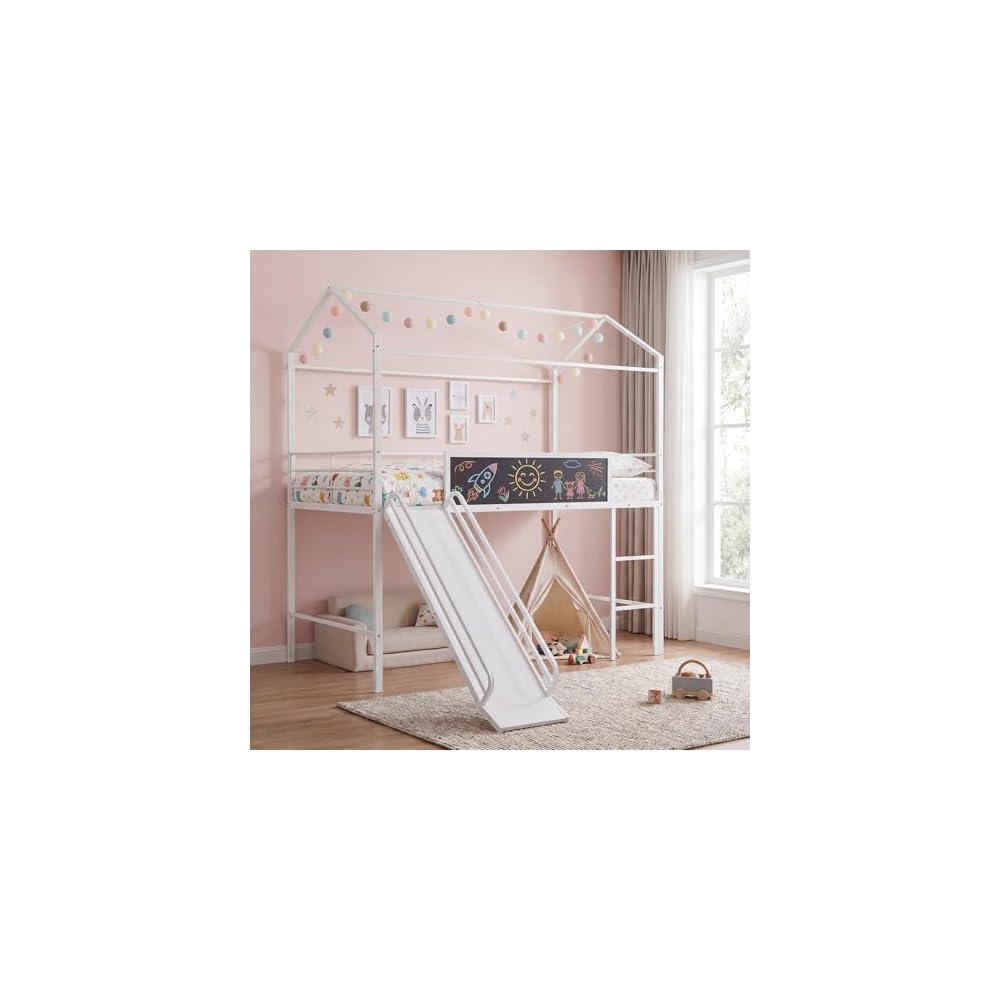GIANTEX Twin Size House Loft Bed, Low Loft Bedframe w/Roof, Slide, Ladder, Chalkboard & Sturdy Metal Slats for Bedroom Dorm, Kids House Bed for Boys Girls, No Box Spring Needed (White)