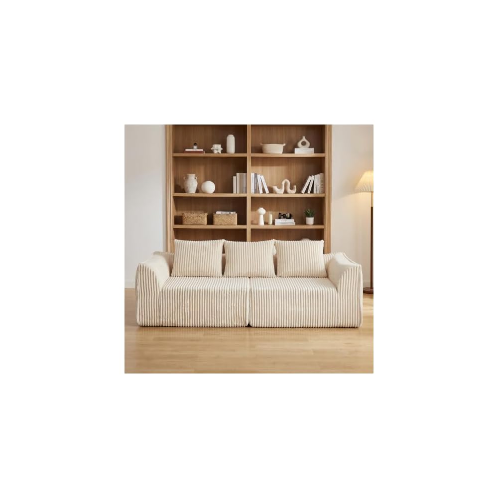 92" Minimalist Boneless 3-Seater Corduroy Sofa with 3 Horn-Shaped Throw Pillow, Featuring Curved Lines and a Gently Sloped Backrest，Beige：92" 3-Seater Sofa