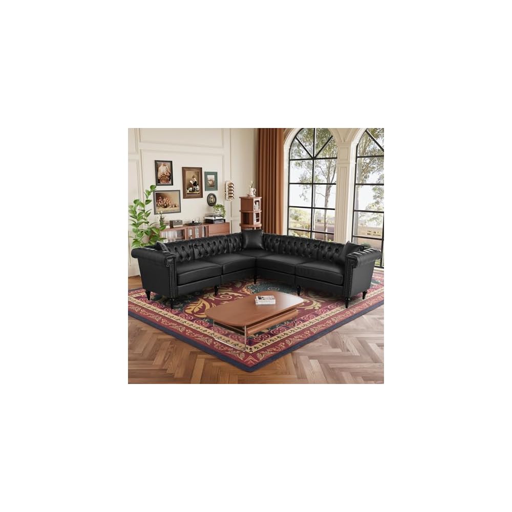 KEIKI 99" L-Shaped Luxury PU Leather Chesterfield Sectional Sofa with Rolled Arms and Nailhead, Mid-Century Style Oversized 5-Seater Button Tufted Couch, Easy Assembly, for Living Room, Black