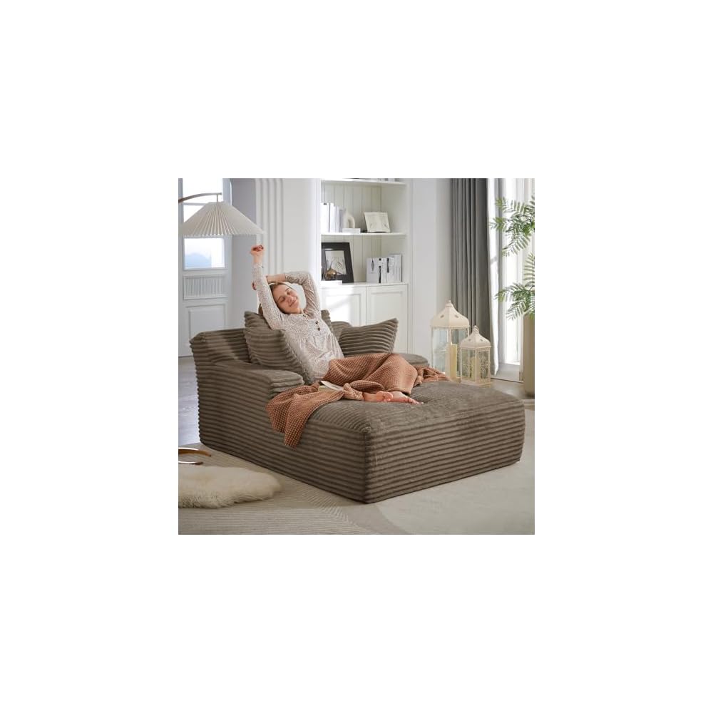 Oversized Chaise Lounge Chair Indoor,50" W Upholstered Corduroy Sofa with 3 Pillows,Comfy Fluffy Cloud Couch,Modern Deep Seat Sofa,Single Sleeper Sofa Chair for Livingroom,Bedroom,No Assembly(Brown)