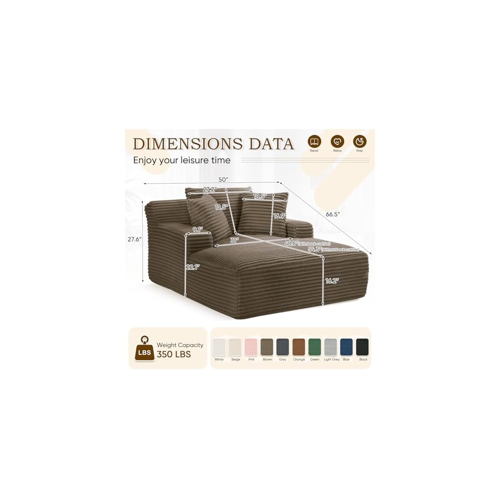 Oversized Chaise Lounge Chair Indoor,50" W Upholstered Corduroy Sofa with 3 Pillows,Comfy Fluffy Cloud Couch,Modern Deep Seat Sofa,Single Sleeper Sofa Chair for Livingroom,Bedroom,No Assembly(Brown)