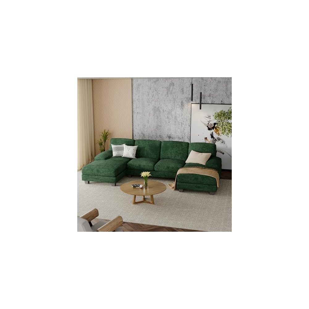 Furniwell Convertible Sectional Sofa Couch, 4 Seat Sofa Set for Living Room U-Shaped Modern Fabric Modular Sofa Sleeper with Double Chaise & Memory Foam (Fabric, Dark Green)
