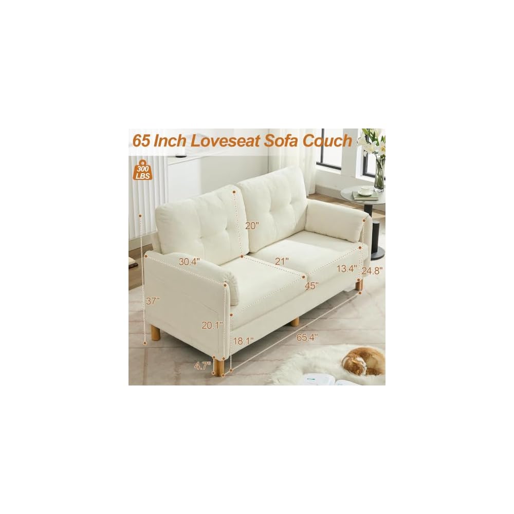 WUTUTUEE 65" Loveseat Sofa, Chenille Loveseat Couch with Padded Arms, Beige