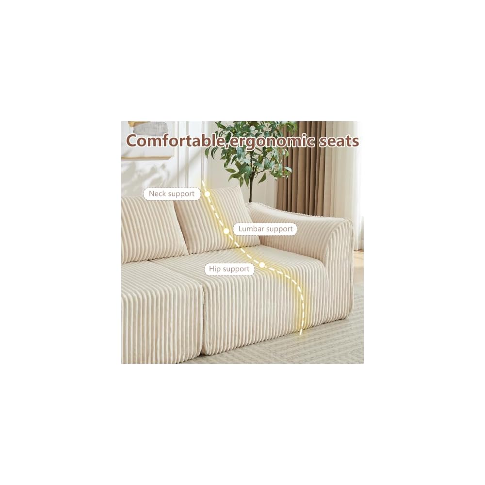 92" Minimalist Boneless 3-Seater Corduroy Sofa with 3 Horn-Shaped Throw Pillow, Featuring Curved Lines and a Gently Sloped Backrest，Beige：92" 3-Seater Sofa