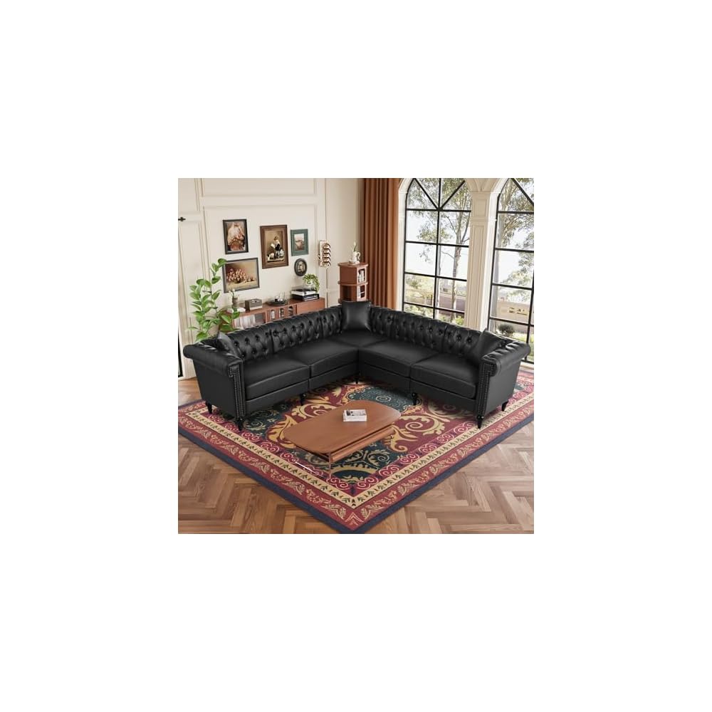 KEIKI 99" L-Shaped Luxury PU Leather Chesterfield Sectional Sofa with Rolled Arms and Nailhead, Mid-Century Style Oversized 5-Seater Button Tufted Couch, Easy Assembly, for Living Room, Black