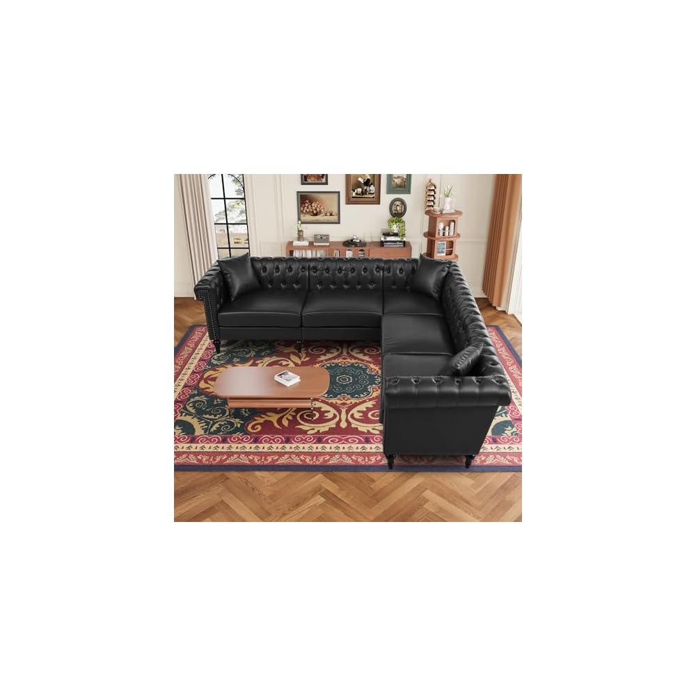 KEIKI 99" L-Shaped Luxury PU Leather Chesterfield Sectional Sofa with Rolled Arms and Nailhead, Mid-Century Style Oversized 5-Seater Button Tufted Couch, Easy Assembly, for Living Room, Black