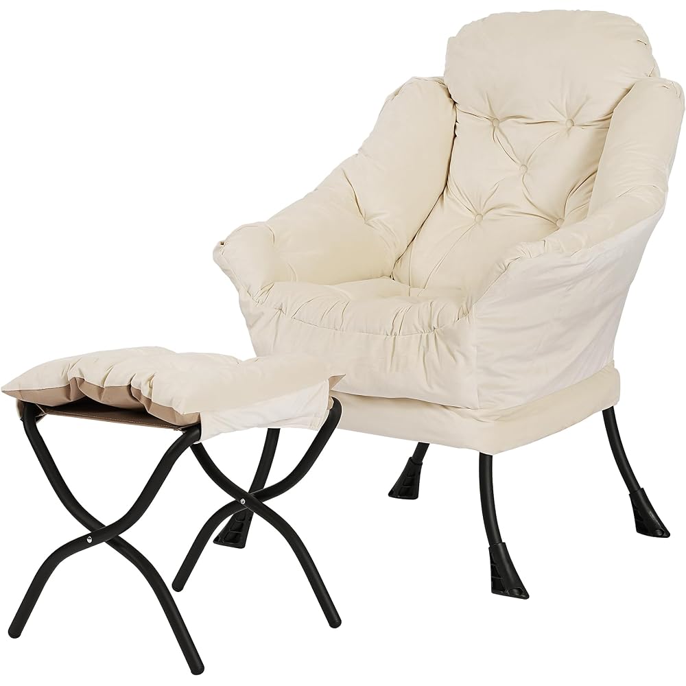 Kokel Lazy Chair with Folding Ottoman,Living Room Chairs, Accent Contemporary Lounge Chair, Single Steel Frame Leisure Sofa Chair with Armrests and A Side Pocket (White)