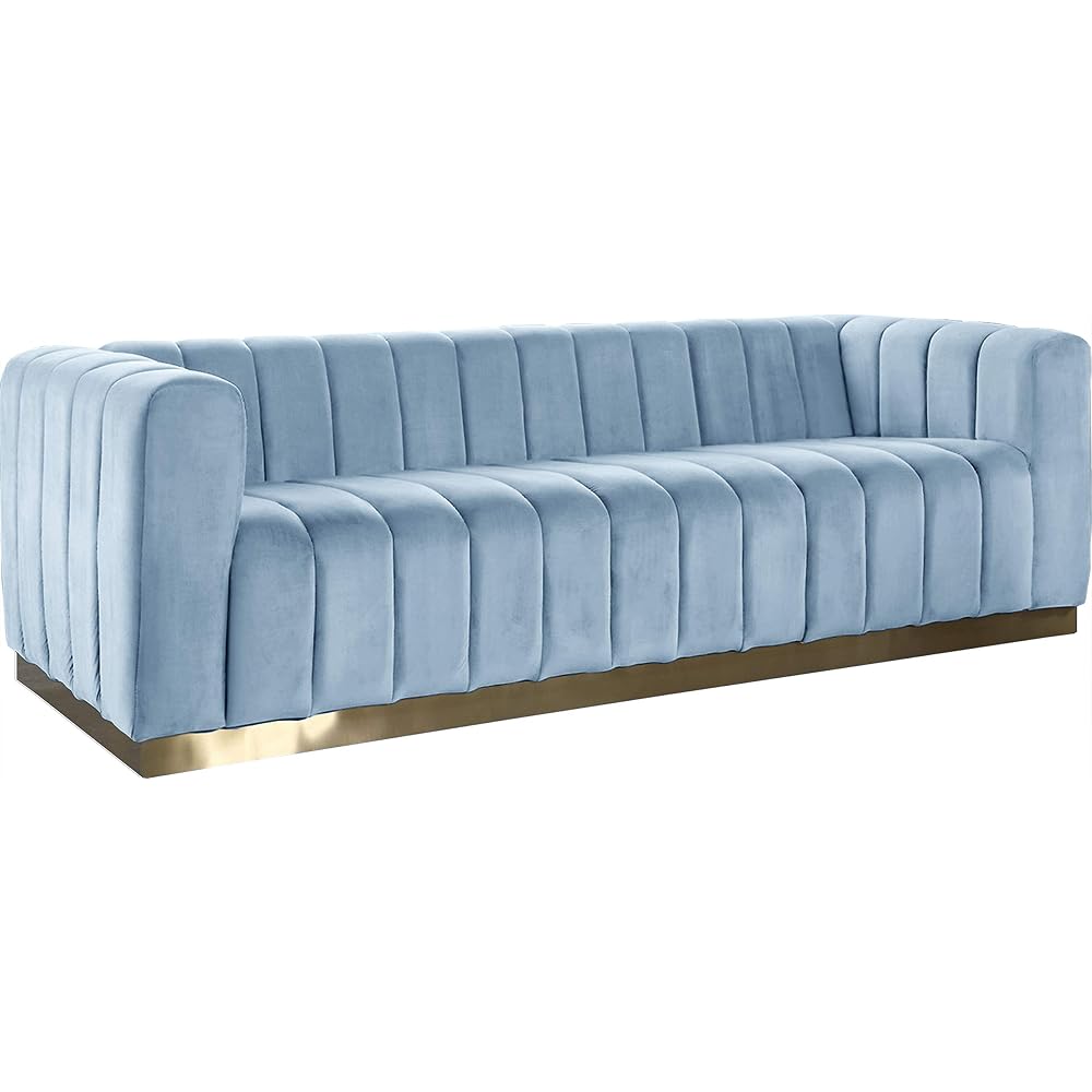 Meridian Furniture 603SkyBlu-S Marlon Collection Modern | Contemporary Velvet Upholstered Sofa with Deep Channlel Tufting and Brushed Gold Finish, Sky Blue, 86.5" W x 34" D x 28" H