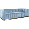 Meridian Furniture 603SkyBlu-S Marlon Collection Modern | Contemporary Velvet Upholstered Sofa with Deep Channlel Tufting and Brushed Gold Finish, Sky Blue, 86.5" W x 34" D x 28" H