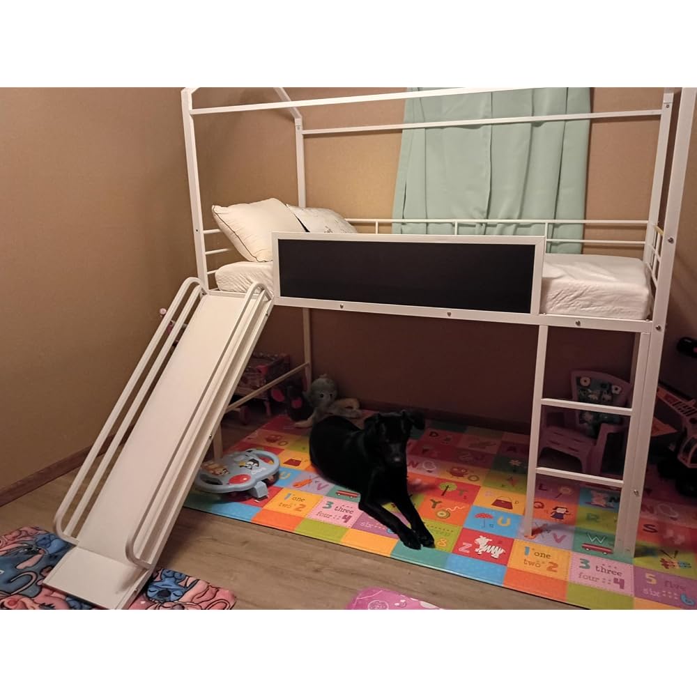 GIANTEX Twin Size House Loft Bed, Low Loft Bedframe w/Roof, Slide, Ladder, Chalkboard & Sturdy Metal Slats for Bedroom Dorm, Kids House Bed for Boys Girls, No Box Spring Needed (White)