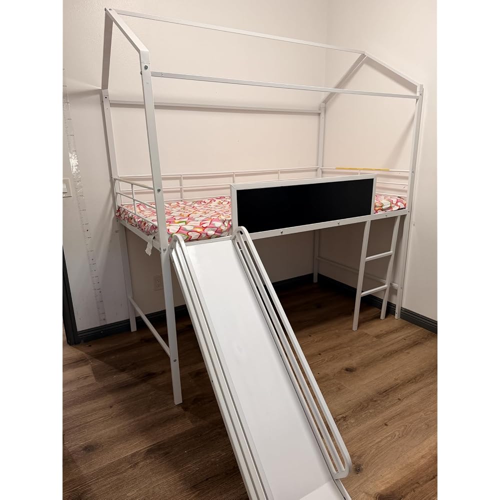 GIANTEX Twin Size House Loft Bed, Low Loft Bedframe w/Roof, Slide, Ladder, Chalkboard & Sturdy Metal Slats for Bedroom Dorm, Kids House Bed for Boys Girls, No Box Spring Needed (White)