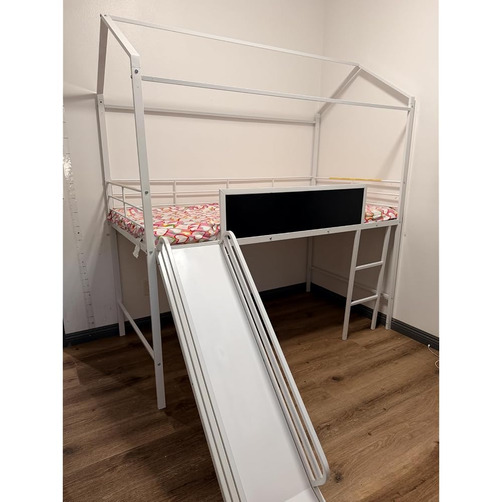 GIANTEX Twin Size House Loft Bed, Low Loft Bedframe w/Roof, Slide, Ladder, Chalkboard & Sturdy Metal Slats for Bedroom Dorm, Kids House Bed for Boys Girls, No Box Spring Needed (White)