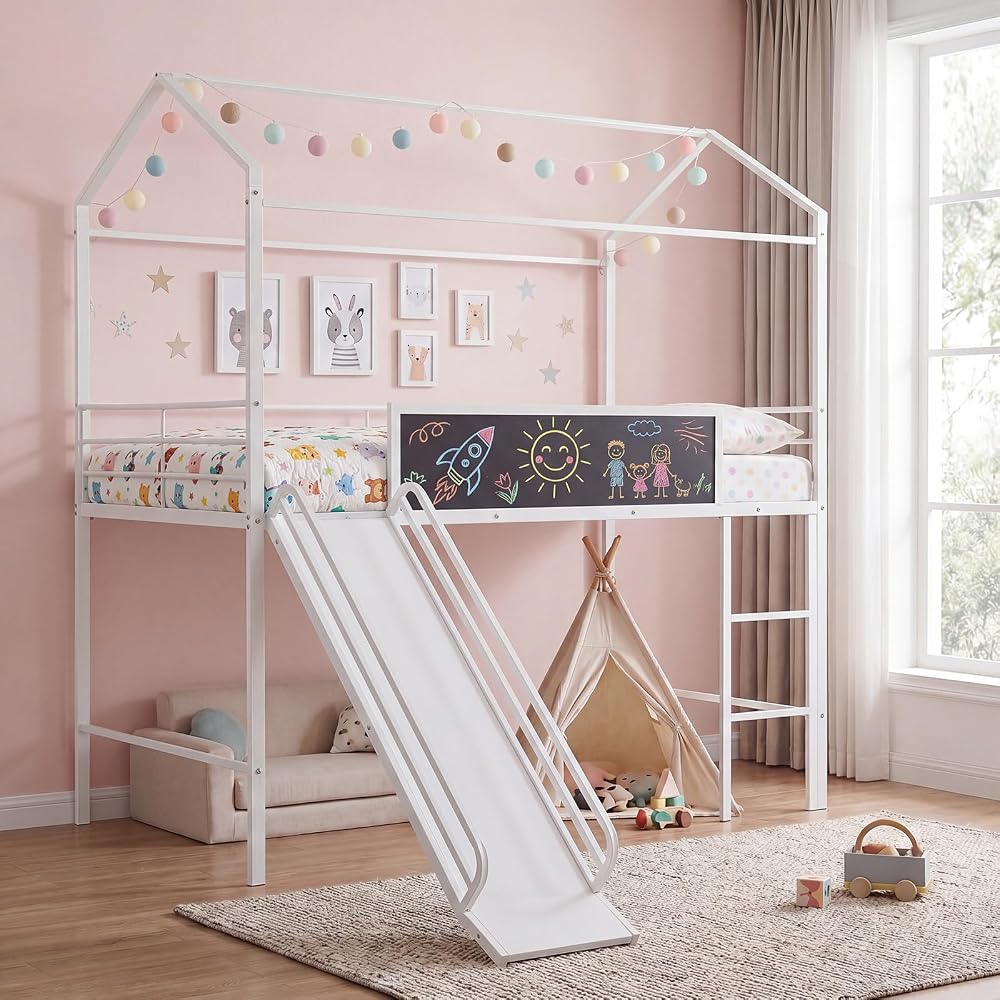 GIANTEX Twin Size House Loft Bed, Low Loft Bedframe w/Roof, Slide, Ladder, Chalkboard & Sturdy Metal Slats for Bedroom Dorm, Kids House Bed for Boys Girls, No Box Spring Needed (White)