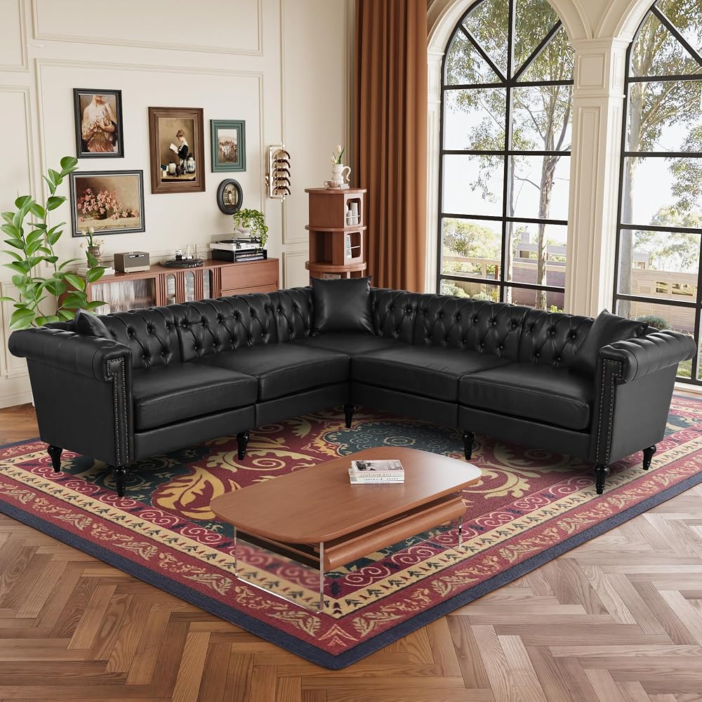 KEIKI 99" L-Shaped Luxury PU Leather Chesterfield Sectional Sofa with Rolled Arms and Nailhead, Mid-Century Style Oversized 5-Seater Button Tufted Couch, Easy Assembly, for Living Room, Black